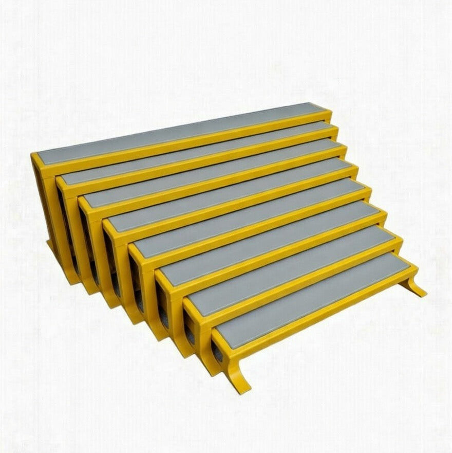 Set of metal stairs with yellow edges on a white background