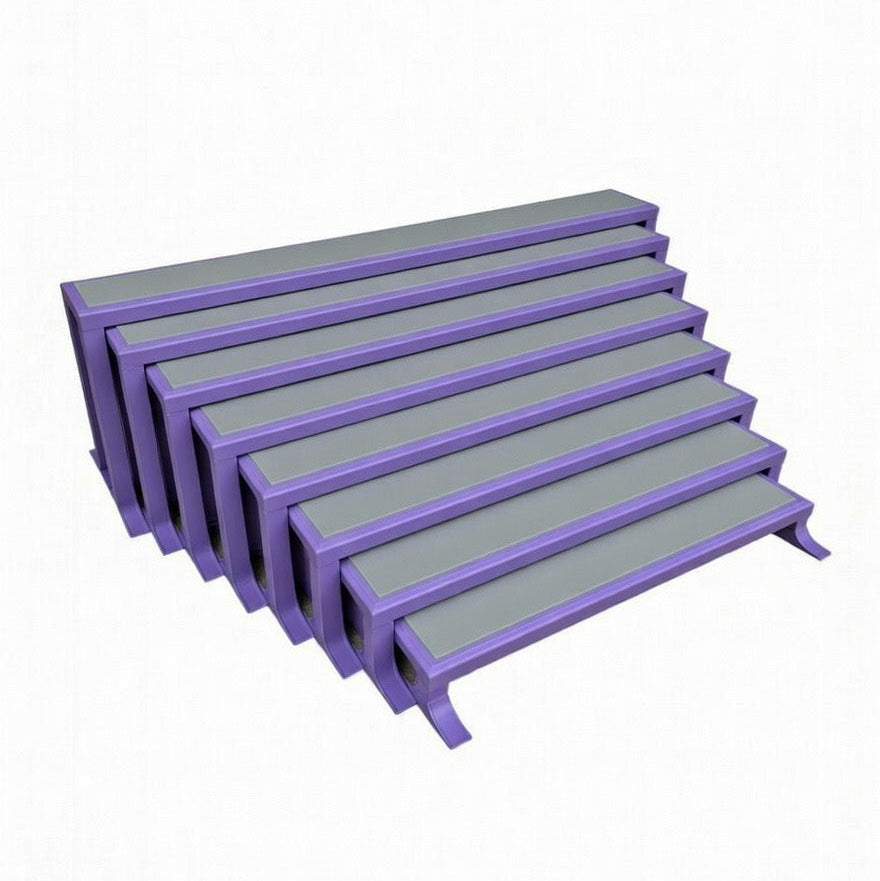 Set of purple and gray steps on a white background