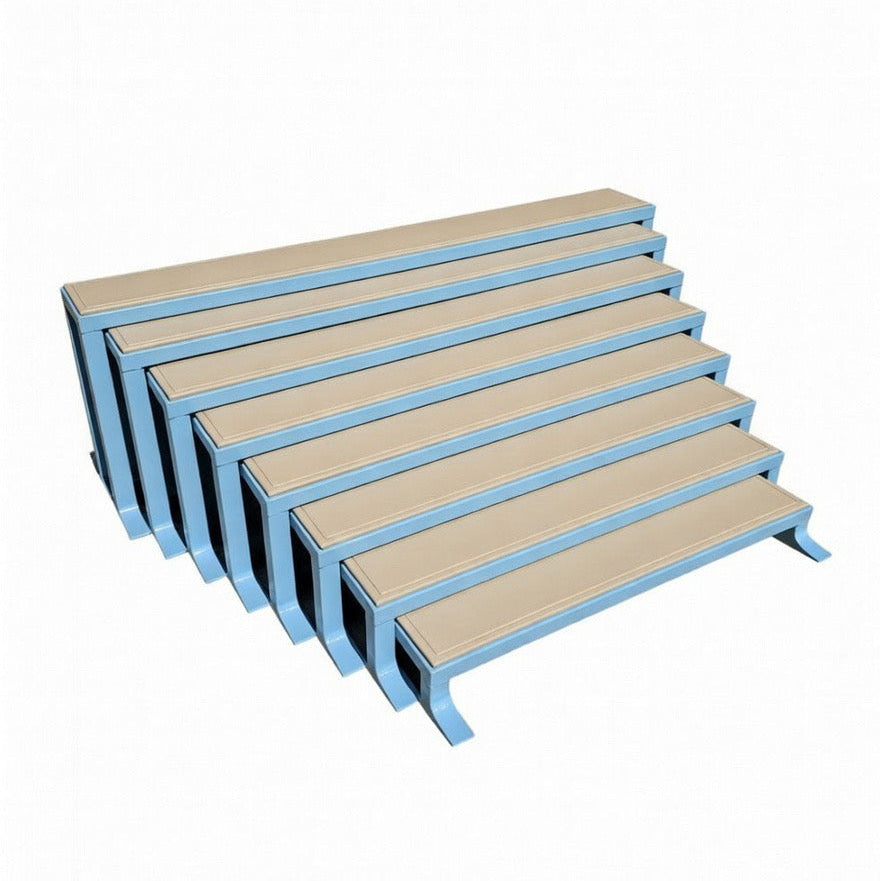 Set of wooden steps with blue edges on a white background